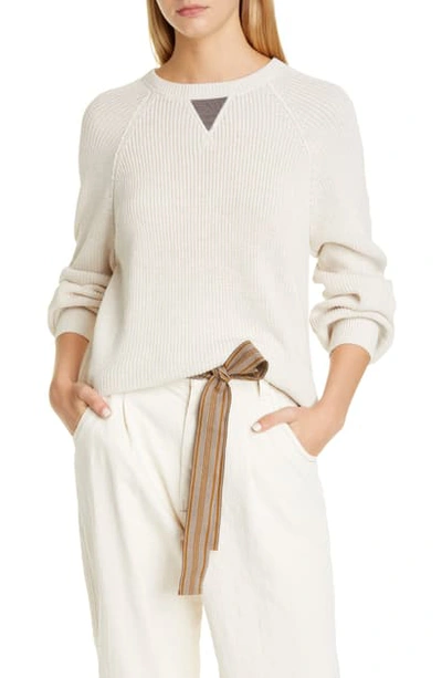 Brunello Cucinelli Crewneck Cotton Rib Long-sleeve Sweater W/ Monili Accent In White