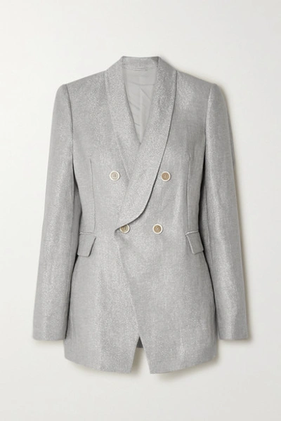 Brunello Cucinelli Shimmered Linen Double-breasted Blazer Jacket In Silver