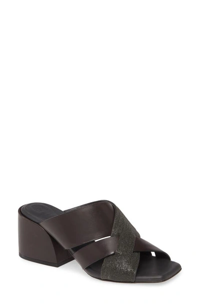 Brunello Cucinelli 60mm Leather City Slide Sandals With Monili Cross In Dark Brown