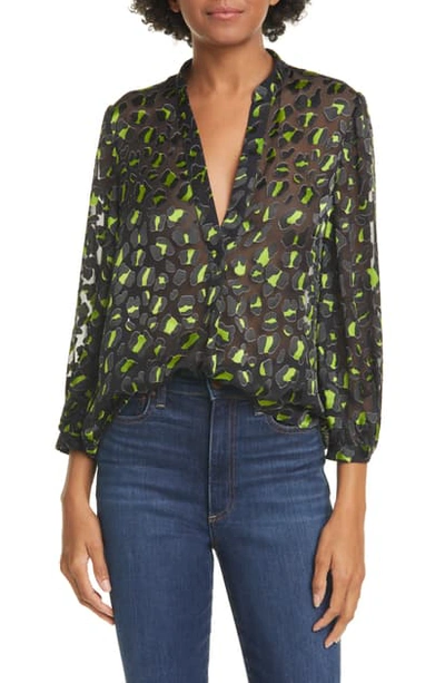 Alice And Olivia Sheila Blouson-sleeve Henley Top In Leopard Electric Green