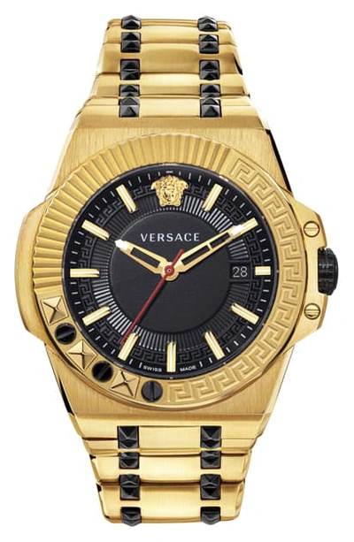 Versace Men's 45mm Studded Yellow Gold Ip Bracelet Watch In Gold/ Black/ Gold