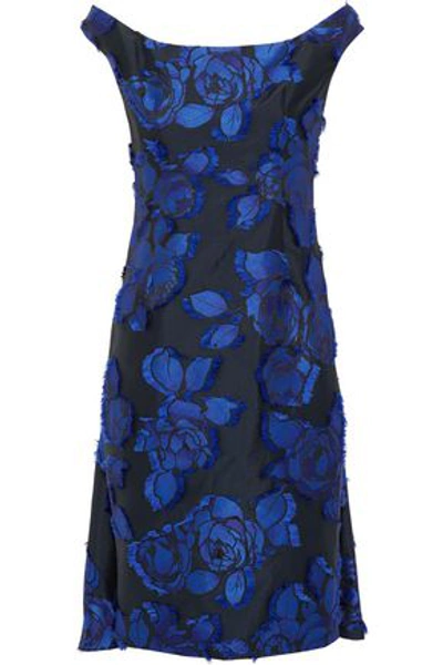 Lela Rose Off-the-shoulder Floral Brocade Dress With Flounce Back In Black