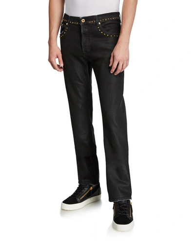 Versace Jeans Couture Men's Slim Coated Jeans With Studs In Indigo