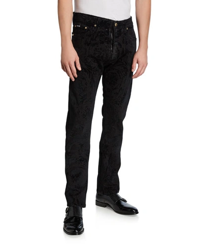 Versace Jeans Couture Men's Flocked Baroque Slim-fit Jeans In Black