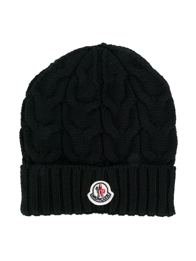 Moncler Kids' Cable-knit Logo Beanie In Black
