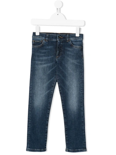 Dolce & Gabbana Kids' Stretch Slim-fit Jeans With Embroidered Dg Logo In Blue