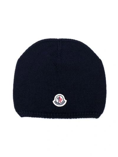 Moncler Babies' Logo Patch Knitted Beanie In Blue
