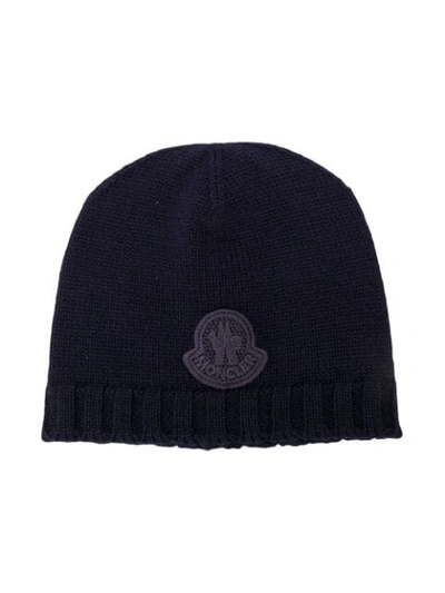 Moncler Babies' Logo Patch Beanie In Blue