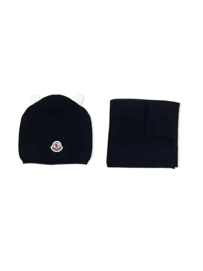 Moncler Babies' Embroidered Logo Beanie Set In Blue