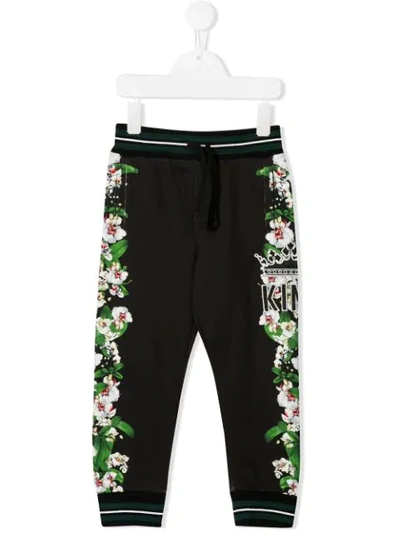 Dolce & Gabbana Kids' Floral Print Track Trousers In Black