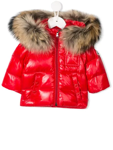 red faux fur trim hooded puffer jacket
