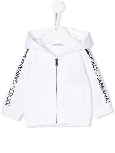 Dolce & Gabbana Babies' Logo Stripe Zip Cotton Hoodie In Bianco