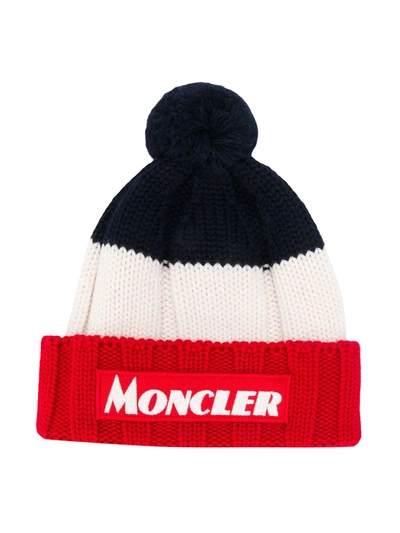 Moncler Kids' Knitted Stripe Hat In Blue
