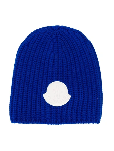 Moncler Kids' Logo Patch Beanie In Blue