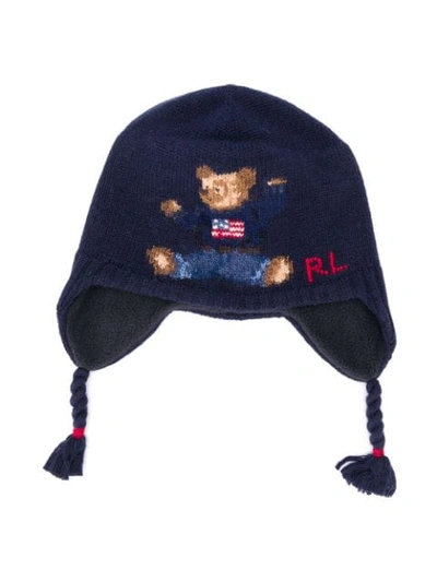 Polo Ralph Lauren Babies' Knitted Bear Earflap Beanie In Blue