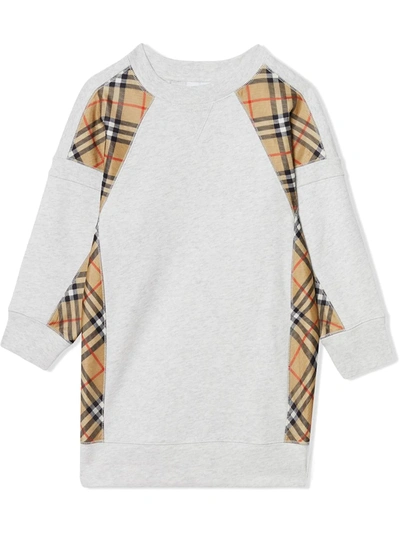 Burberry Kids' Vintage Check Panel Cotton Sweater Dress In Grigio Chiaro