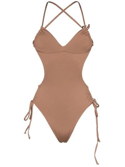 Frankies Bikinis Meredith Strappy Backless Swimsuit In Brown