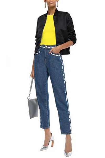Moschino Cropped Printed High-rise Boyfriend Jeans In Mid Denim