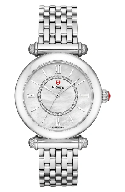 Michele Caber Diamond Bracelet Watch, 35mm In Silver/ Mop/ Silver