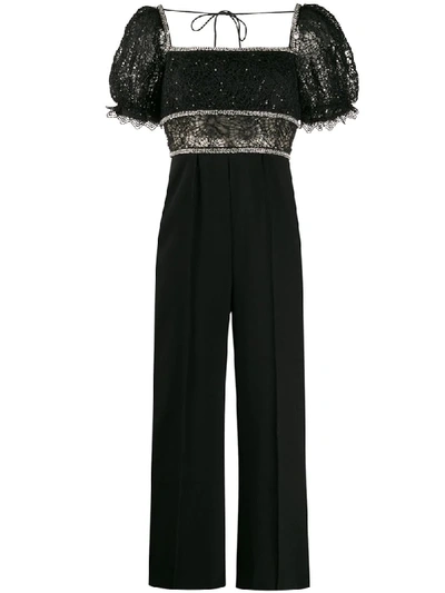 Self-portrait Crystal-embellished Lace And Crepe Jumpsuit In Black