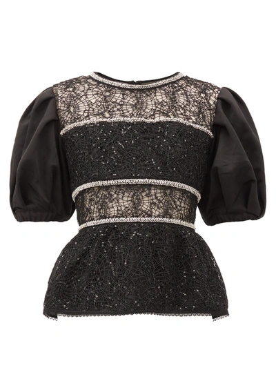 Self-portrait Puff-sleeved Crystal-embellished Lace Top In Black