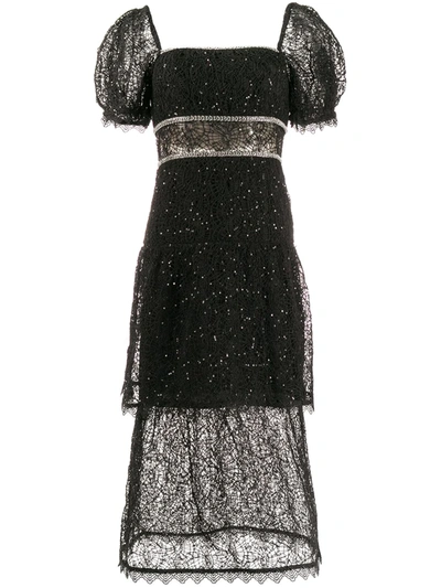 Self-portrait Crystal And Sequin-embellished Layered Lace Dress In Black