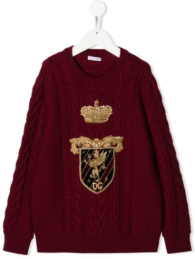 Dolce & Gabbana Kids' Heraldic Patch Cable Knit Jumper In Red