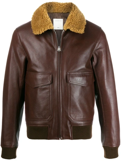 Sandro Shearling-collar Leather Aviator Jacket In Bordeaux