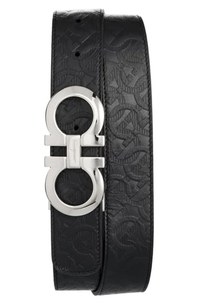 Ferragamo Men's Double Gancini Embossed Reversible Leather Belt In Black / Black