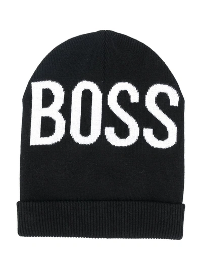 Hugo Boss Kids' Jacquard Logo Cotton Blend Beanie Hat In Black
