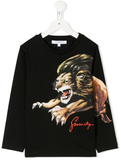 Givenchy Kids' Lion Print L/s Cotton Jersey T-shirt In Nero/arancio