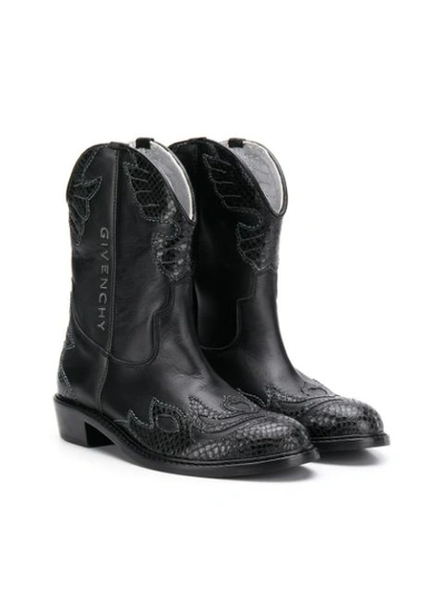 Givenchy Kids' Texas Embroidered Leather Boots In Nero
