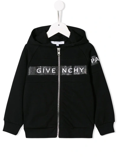 Givenchy Kids' Logo Print Zip Cotton Sweatshirt Hoodie In Nero