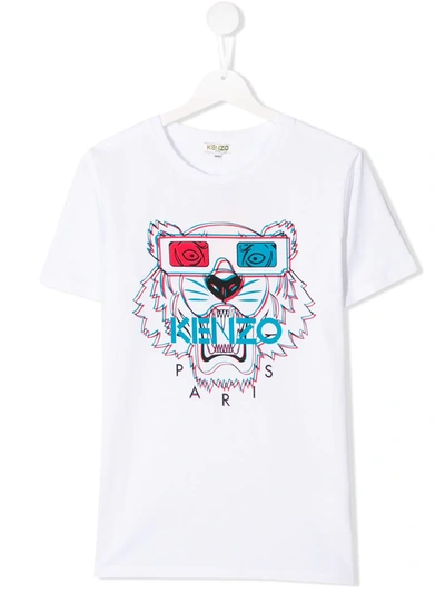 Kenzo Kids' 3d Tiger Print Cotton Jersey T-shirt In White