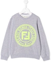 Fendi Kids' Logo Printed Cotton Sweatshirt In Grigio/giallo
