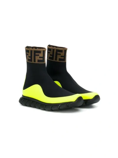 Fendi Kids' Logo Jacquard Knit Sock Sneakers In Nero/giallo Fluo