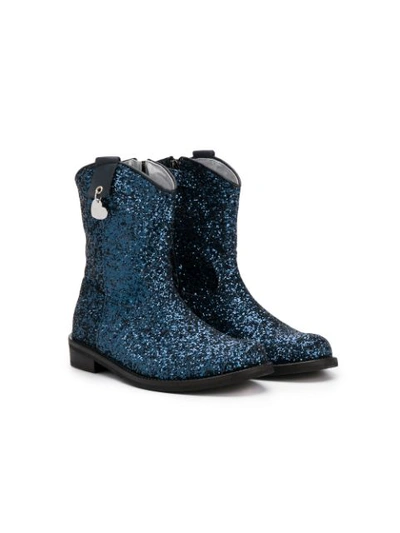 Monnalisa Kids' Glittered Faux Leather Texas Boots In Blue