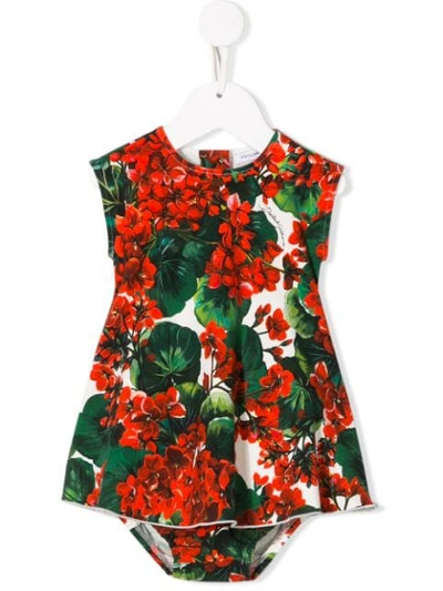 Dolce & Gabbana Babies' Floral Print Interlock Dress W/ Diaper In Green