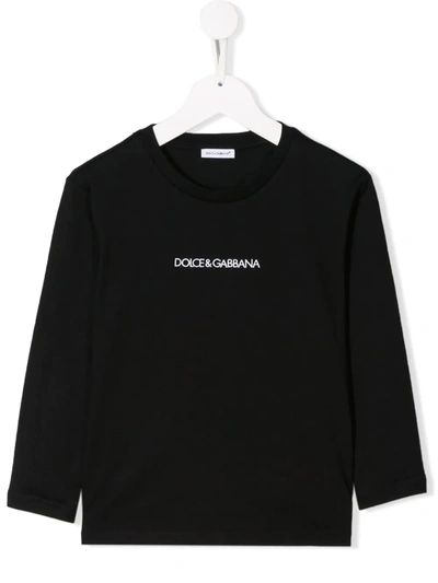 Dolce & Gabbana Kids' Long-sleeved Jersey T-shirt With Logo Embroidery In Black