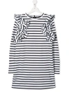 Balmain Teen Striped Ruffle Dress In White,black