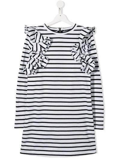 Balmain Teen Striped Ruffle Dress In White,black