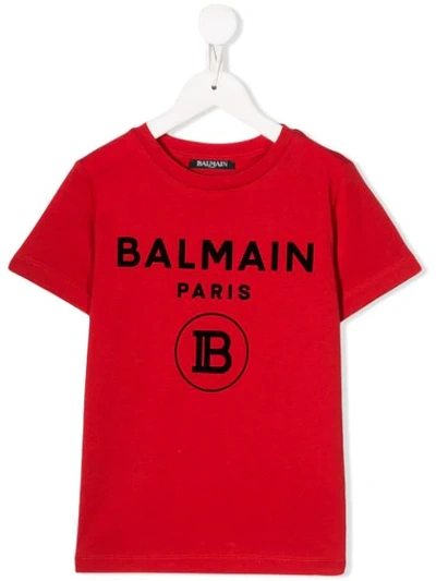 Balmain Kids' Flocked Logo Cotton Jersey T-shirt In Red