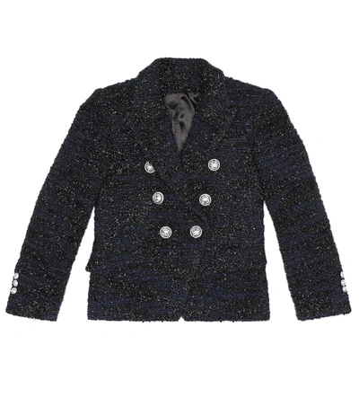 Balmain Kids' Double Breasted Wool Blend Tweed Jacket In Blue