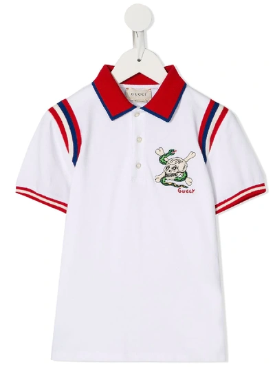 Gucci Kids' Skull Embroidered Cotton Piquet Polo In White