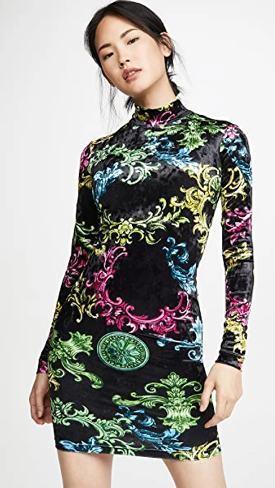 Versace Jeans Couture Velvet Baroque Print Dress In Multicolor - Main Image