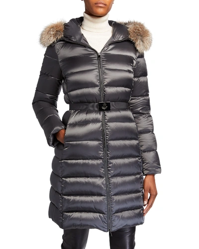 Moncler Tinuv Belted Long Puffer Coat W/ Fur-trim Hood In Dark Gray