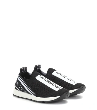 Dolce & Gabbana Maglina Slip-on Knit Logo-patch Sneakers, Kids In Black