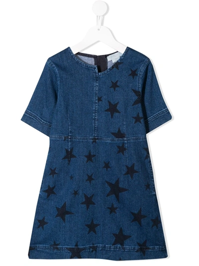 Stella Mccartney Kids' Star Print Stretch Cotton Denim Dress In Blue