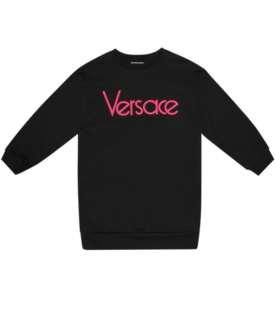 Versace Kids' Logo Embroidered Cotton Sweatshirt Dress In Black