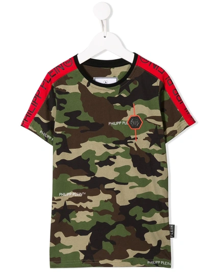 Philipp Plein Junior Kids' Camouflage Print Cotton Jersey T-shirt In Military Green